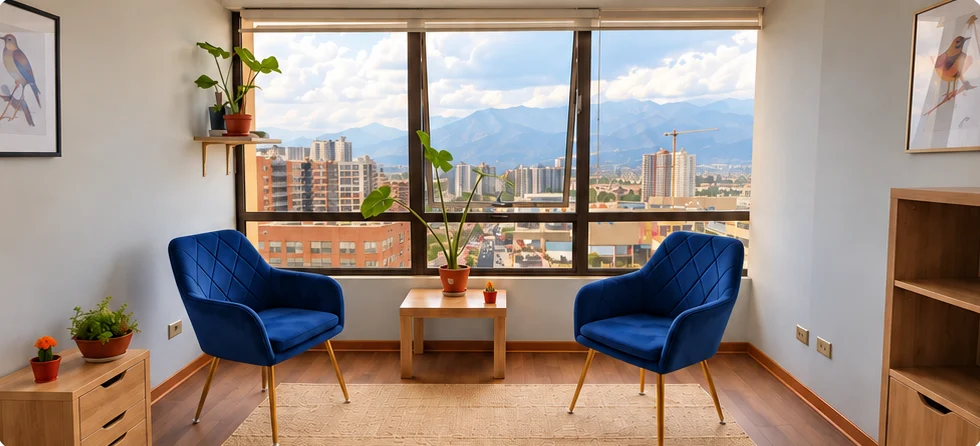 Una de las salas del centro, con sillones y vista a la cordillera